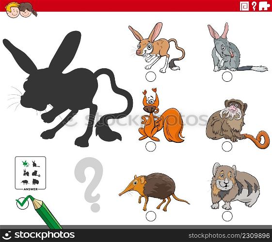 Cartoon illustration of finding the right picture to the shadow educational task for children with animal characters