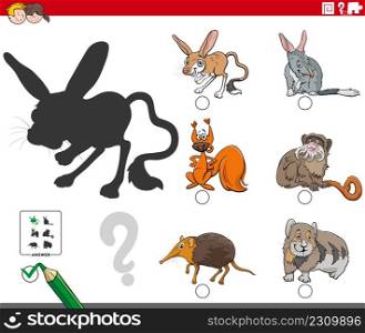 Cartoon illustration of finding the right picture to the shadow educational task for children with animal characters
