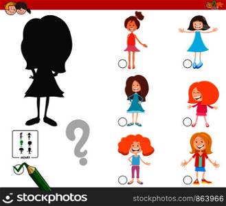 Cartoon Illustration of Finding the Right Shadow Educational Game for Children with Girls Characters