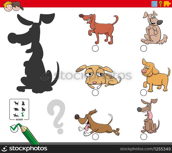 Cartoon Illustration of Finding the Right Shadow Educational Task for Children with Dogs and Puppies Animal Characters
