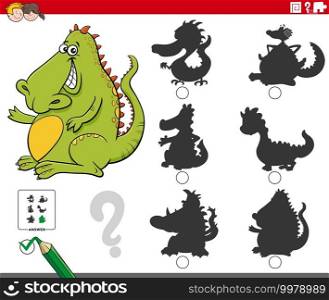 Cartoon illustration of finding the right shadow to the picture educational game for children with dragon fantasy character