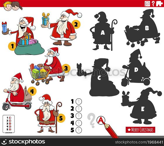 Cartoon illustration of finding the right shadows to the pictures educational game for children with Santa Claus characters on Christmas time