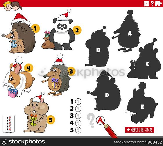 Cartoon illustration of finding the right shadows to the pictures educational game for children with animal characters on Christmas time