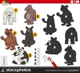 Cartoon illustration of finding the right shadows to the pictures educational game for children with bears animal characters