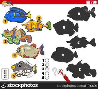 Cartoon illustration of finding the right shadows to the pictures educational game for children with fish animal characters