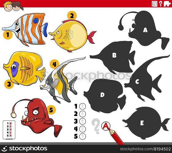Cartoon illustration of finding the right shadows to the pictures educational game with fish animal characters