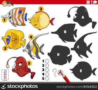 Cartoon illustration of finding the right shadows to the pictures educational game with fish animal characters
