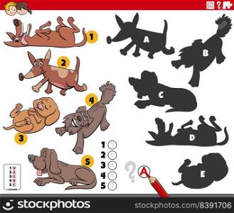 Cartoon illustration of finding the right shadows to the pictures educational game with funny dogs animal characters