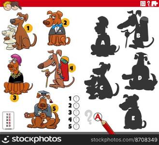 Cartoon illustration of finding the right shadows to the pictures educational game for children with funny dogs animal characters