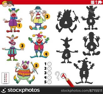 Cartoon illustration of finding the right shadows to the pictures educational game for children with clowns characters