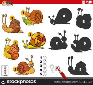 Cartoon illustration of finding the right shadows to the pictures educational game with funny snails animal characters