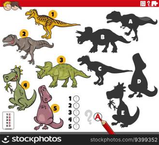 Cartoon illustration of finding the right shadows to the pictures educational game with funny prehistoric dinosaur characters