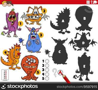 Cartoon illustration of finding the right shadows to the pictures educational game with funny monsters characters