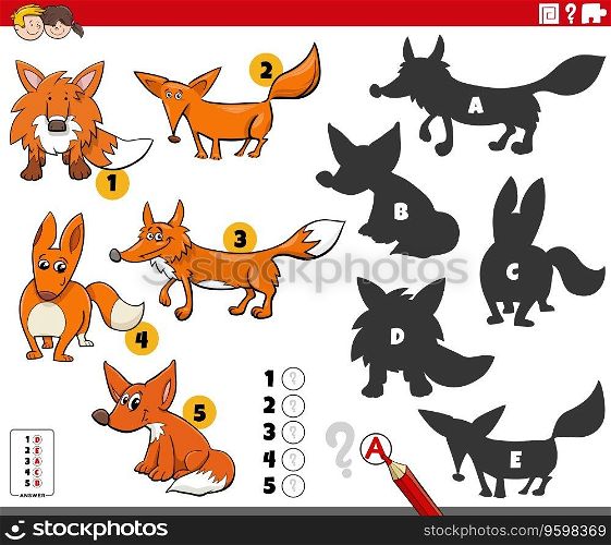 Cartoon illustration of finding the right shadows to the pictures educational game with foxes animal characters