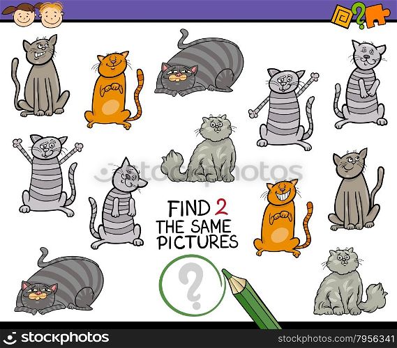 Cartoon Illustration of Finding the Same Picture Educational Game for Preschool Children with Cats