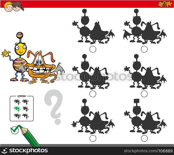 Cartoon Illustration of Finding the Shadow without Differences Educational Activity for Children with Comic Monster Characters