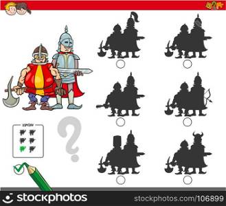 Cartoon Illustration of Finding the Shadow without Differences Educational Activity for Children with Medieval Knights Characters