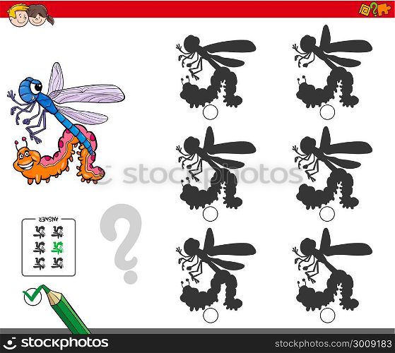 Cartoon Illustration of Finding the Shadow without Differences Educational Activity for Children with Insects Animal Characters