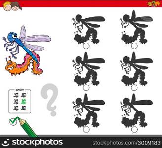 Cartoon Illustration of Finding the Shadow without Differences Educational Activity for Children with Insects Animal Characters