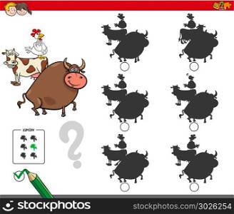 Cartoon Illustration of Finding the Shadow without Differences Educational Activity for Children with Farm Animal Characters