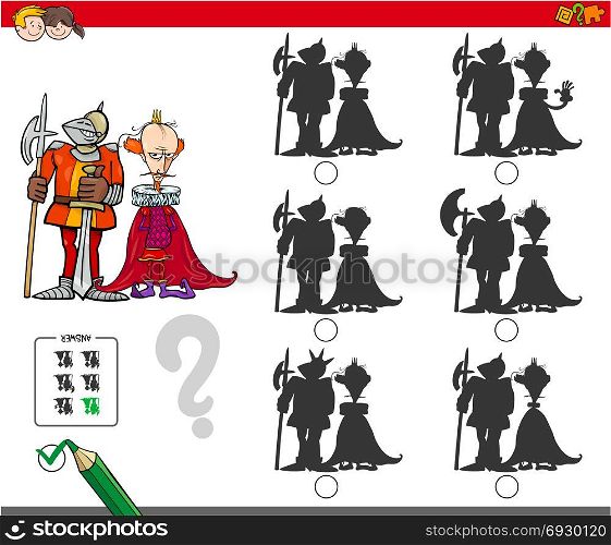 Cartoon Illustration of Finding the Shadow without Differences Educational Activity for Children with King and Knight Medieval Characters