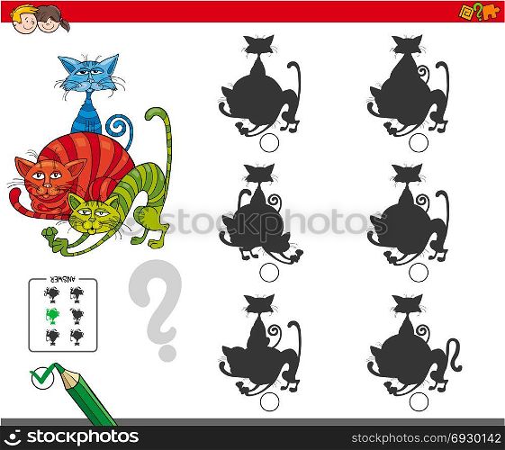 Cartoon Illustration of Finding the Shadow without Differences Educational Activity for Children with Cats Animal Characters