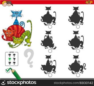 Cartoon Illustration of Finding the Shadow without Differences Educational Activity for Children with Cats Animal Characters