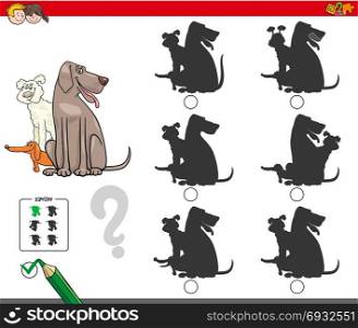 Cartoon Illustration of Finding the Shadow without Differences Educational Activity for Children with Dogs Animal Characters