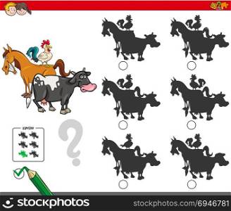 Cartoon Illustration of Finding the Shadow without Differences Educational Activity for Children with Farm Animal Characters