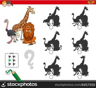 Cartoon Illustration of Finding the Shadow without Differences Educational Activity for Children with Safari Animal Characters. shadows activity game with safari animals