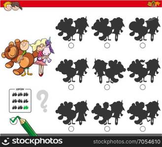 Cartoon Illustration of Finding the Shadow without Differences Educational Activity for Children with Children and Mascot Toys Characters