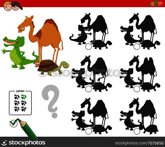 Cartoon Illustration of Finding the Shadow without Differences Educational Activity for Children with Wild Animal Characters