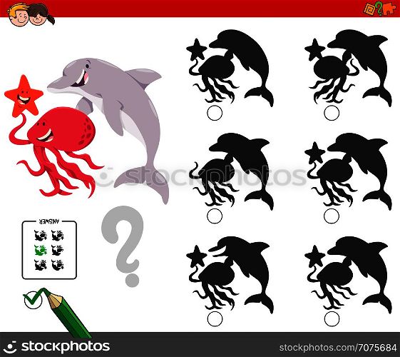 Cartoon Illustration of Finding the Shadow without Differences Educational Activity for Children with Funny Marine Animal Characters