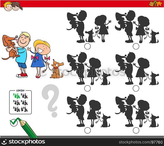 Cartoon Illustration of Finding the Shadow without Differences Educational Activity for Children with Children and Pet Dogs Characters