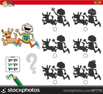 Cartoon Illustration of Finding the Shadow without Differences Educational Activity for Children with Boy and Dog Characters