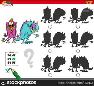 Cartoon Illustration of Finding the Shadow without Differences Educational Activity for Children with Funny Monster Characters