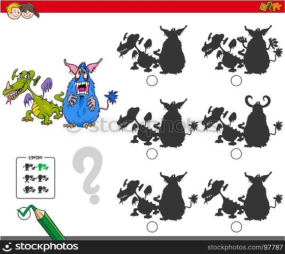 Cartoon Illustration of Finding the Shadow without Differences Educational Activity for Children with Monster Characters