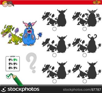 Cartoon Illustration of Finding the Shadow without Differences Educational Activity for Children with Monster Characters