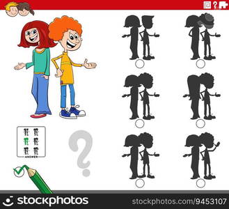 Cartoon illustration of finding the shadow without differences educational activity with girl and boy characters