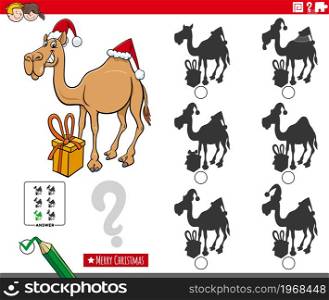 Cartoon illustration of finding the shadow without differences educational game for children with dromedary camel character on Christmas time