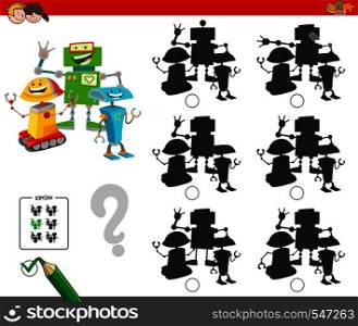 Cartoon Illustration of Finding the Shadow without Differences Educational Game for Children with Funny Robots Characters