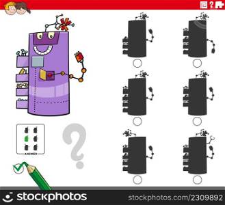 Cartoon illustration of finding the shadow without differences educational game for children with robot character