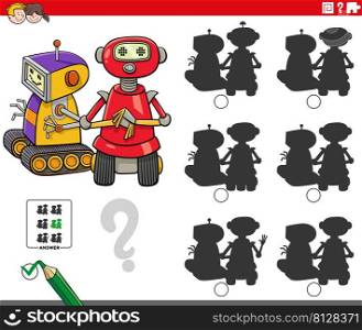 Cartoon illustration of finding the shadow without differences educational game with two robots characters