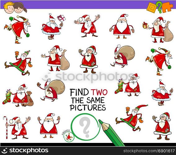 Cartoon Illustration of Finding Two Identical Pictures Educational Activity Game for Children with Santa Claus Characters