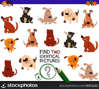 Cartoon Illustration of Finding Two Identical Pictures Educational Activity Game for Children with Happy Dogs and Puppy Characters