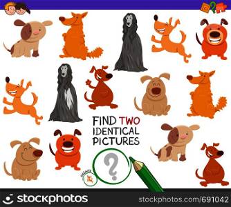 Cartoon Illustration of Finding Two Identical Pictures Educational Activity Game for Children with Happy Dog Characters