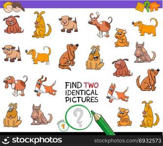 Cartoon Illustration of Finding Two Identical Pictures Educational Activity Game for Children with Comic Dog Characters
