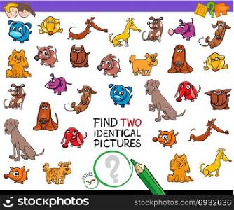 Cartoon Illustration of Finding Two Identical Pictures Educational Activity Game for Children with Dog and Puppy Characters