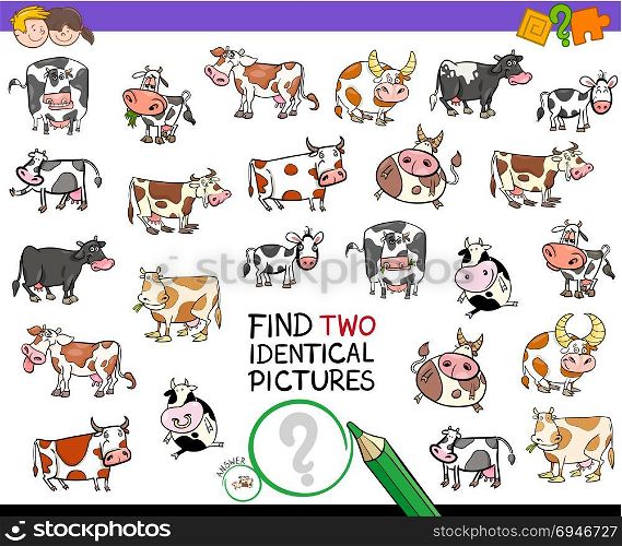 Cartoon Illustration of Finding Two Identical Pictures Educational Activity Game for Children with Cows Farm Animal Characters