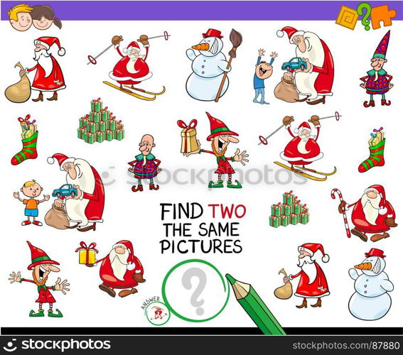 Cartoon Illustration of Finding Two Identical Pictures Educational Activity Game for Children with Christmas Holiday Characters